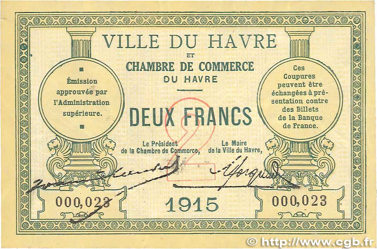 2 Francs FRANCE regionalismo y varios Le Havre 1915 JP.068.12 MBC