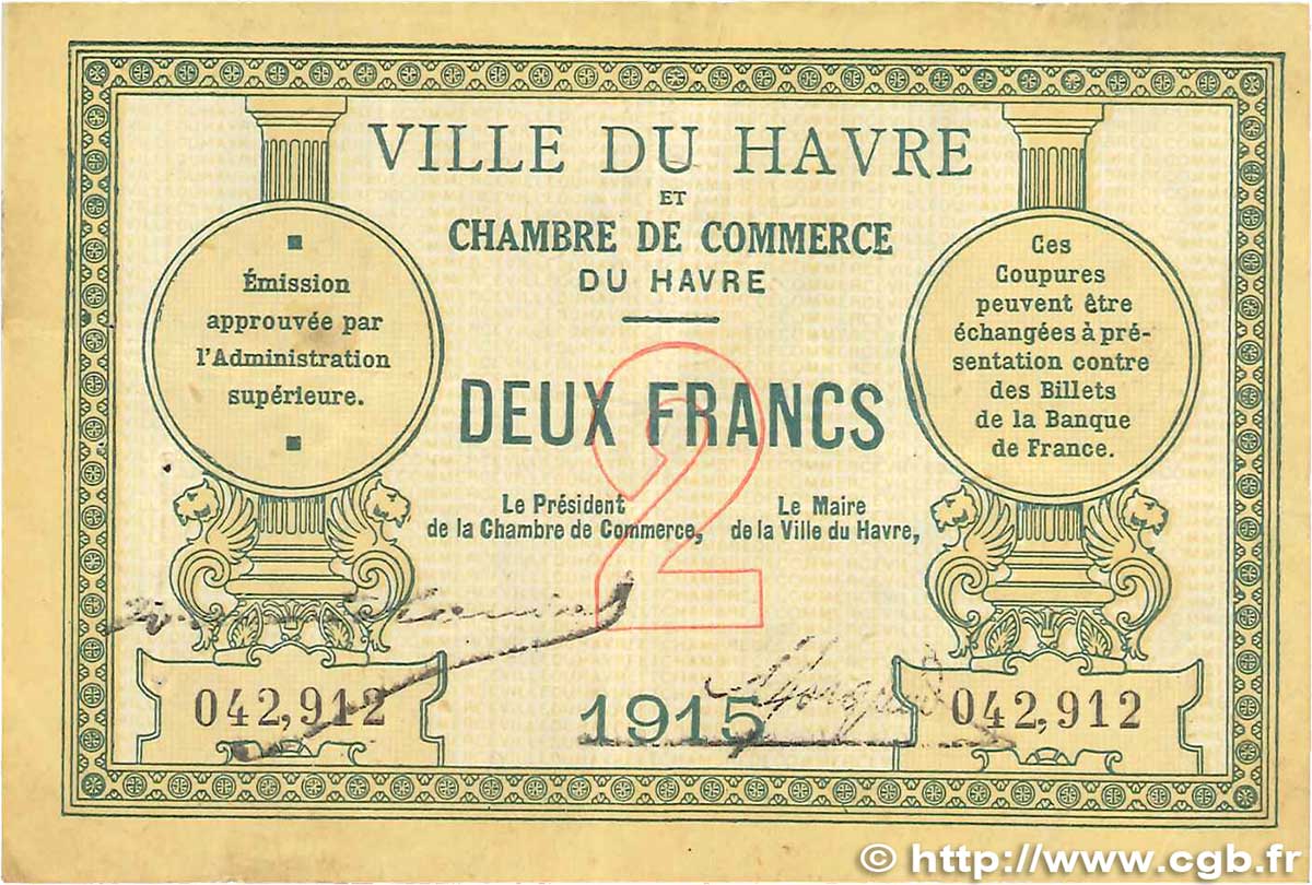 2 Francs FRANCE regionalism and various Le Havre 1915 JP.068.12 F