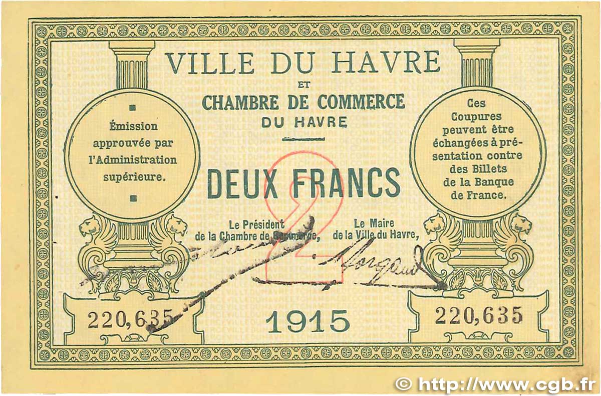 2 Francs FRANCE Regionalismus und verschiedenen Le Havre 1915 JP.068.12 VZ