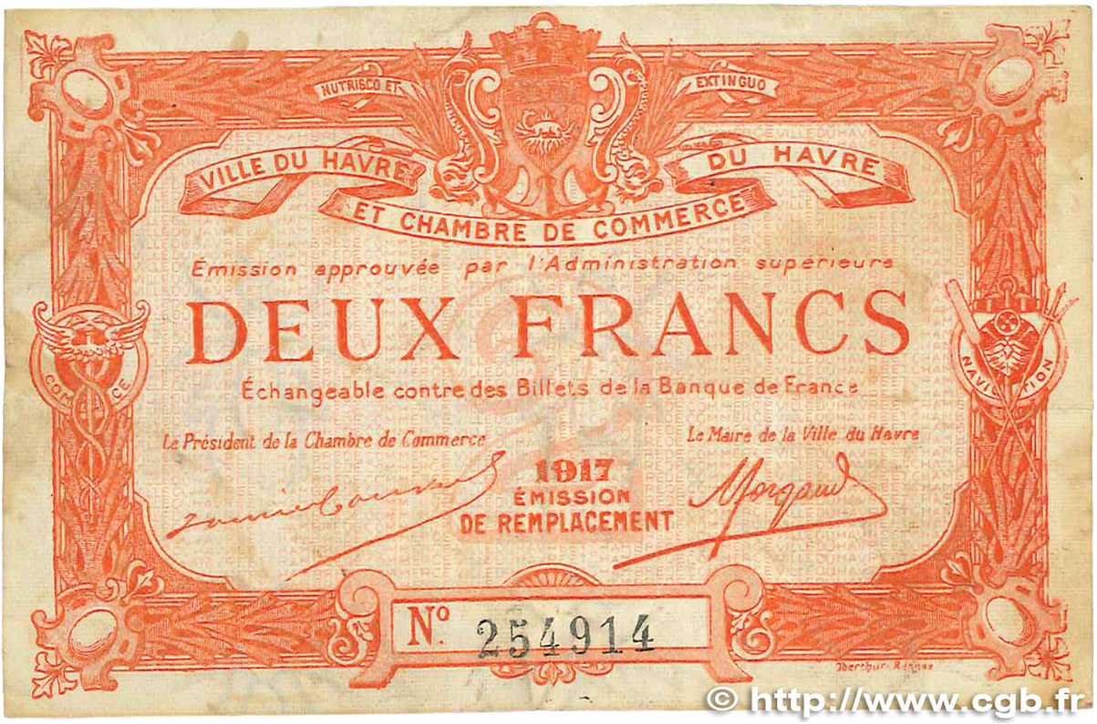 2 Francs FRANCE Regionalismus und verschiedenen Le Havre 1917 JP.068.19 S