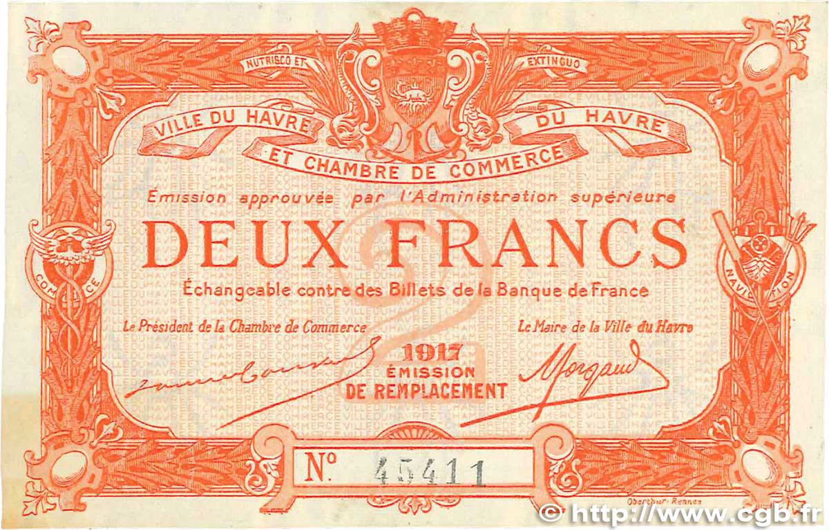 2 Francs FRANCE regionalismo e varie Le Havre 1917 JP.068.19 SPL