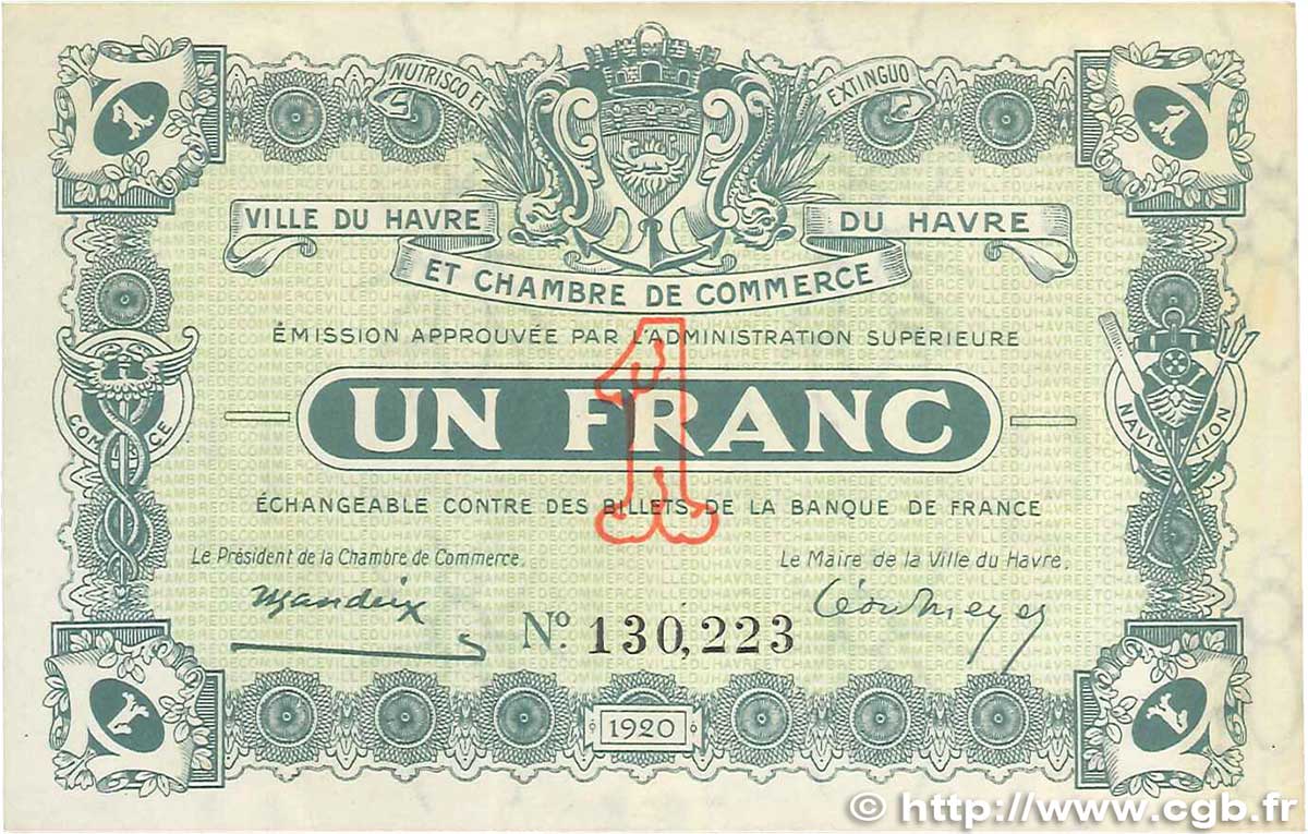1 Franc FRANCE Regionalismus und verschiedenen Le Havre 1920 JP.068.22 fVZ