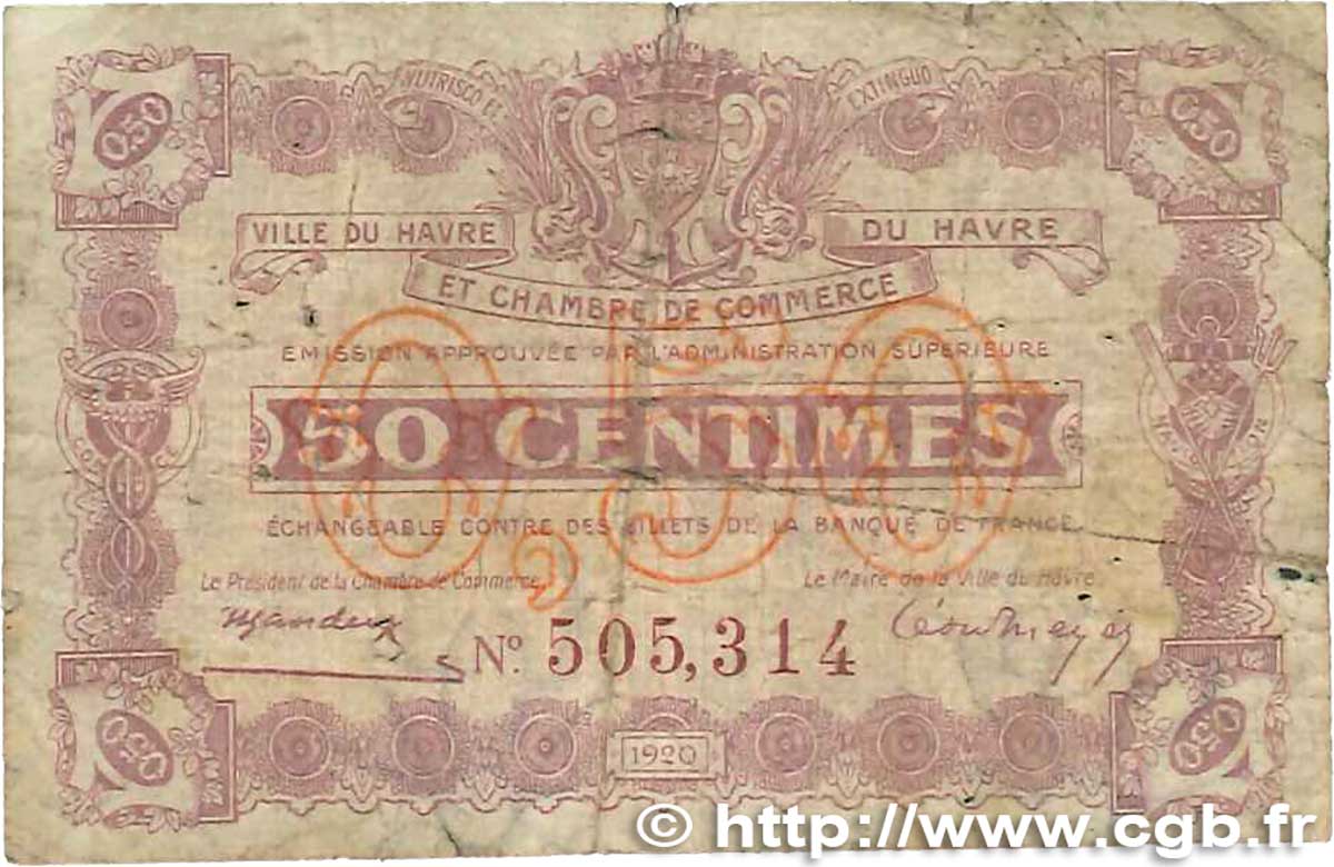 50 Centimes FRANCE regionalism and various Le Havre 1920 JP.068.26 G