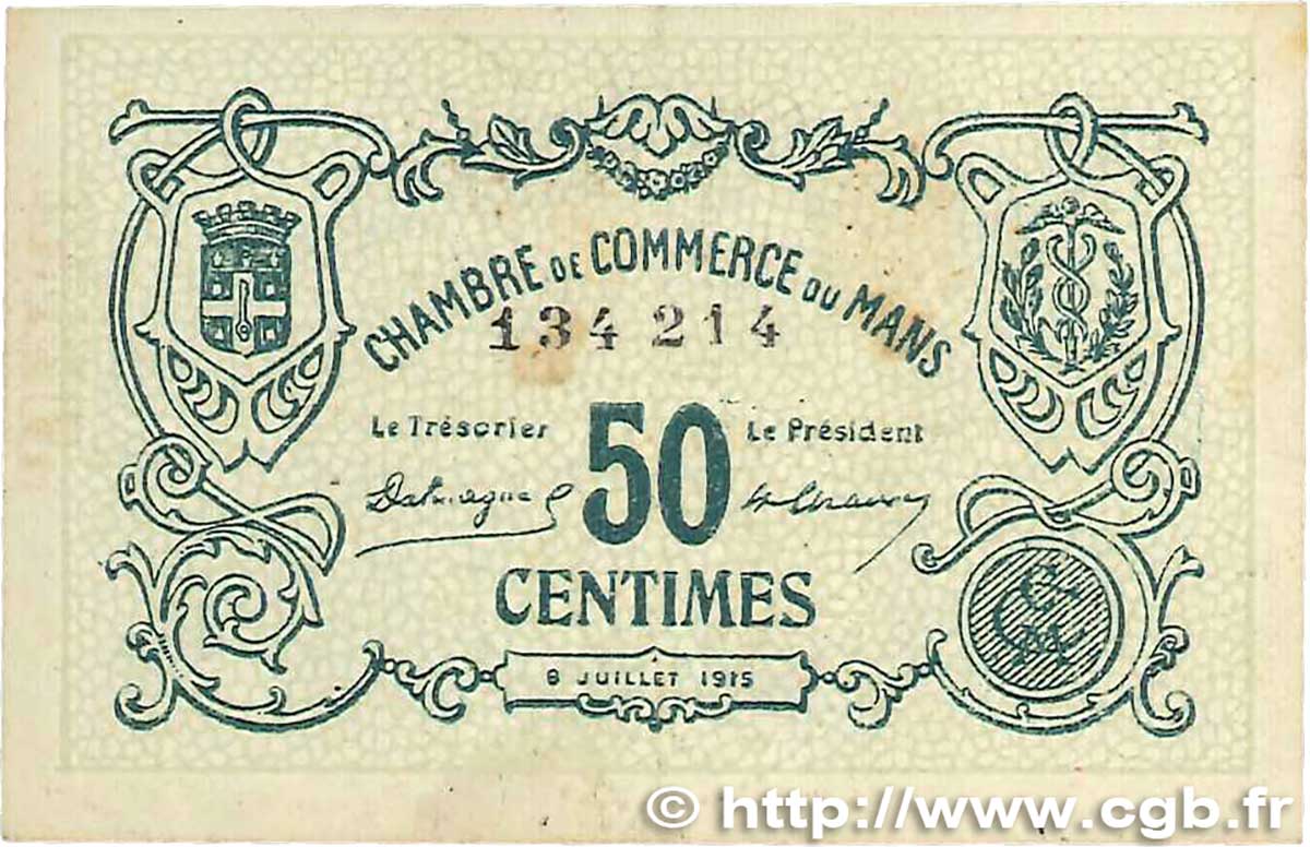 50 Centimes FRANCE regionalism and miscellaneous Le Mans 1915 JP.069.01 VF
