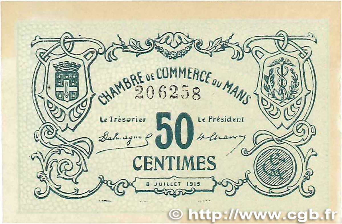 50 Centimes FRANCE regionalism and various Le Mans 1915 JP.069.01 VF+