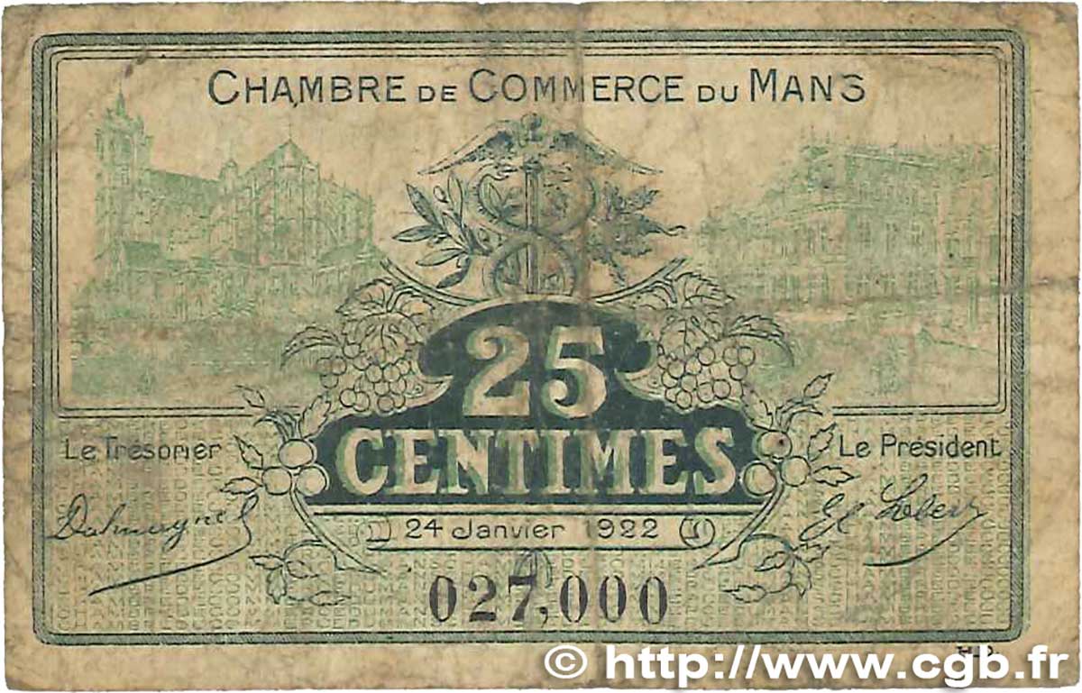 25 Centimes FRANCE regionalism and miscellaneous Le Mans 1922 JP.069.20 G