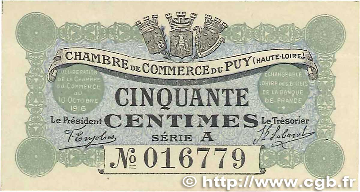 50 Centimes FRANCE regionalism and miscellaneous Le Puy 1916 JP.070.01 VF+