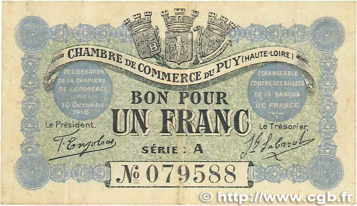 1 Franc FRANCE regionalismo y varios Le Puy 1916 JP.070.03 BC