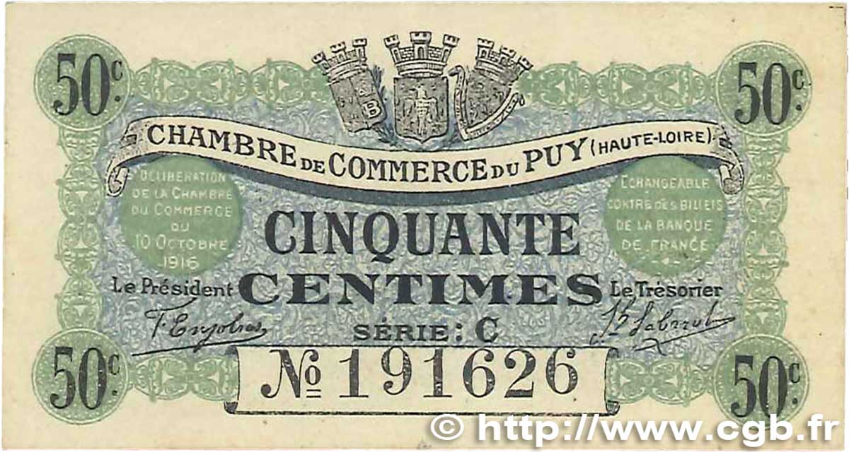 50 Centimes FRANCE Regionalismus und verschiedenen Le Puy 1916 JP.070.05 fVZ