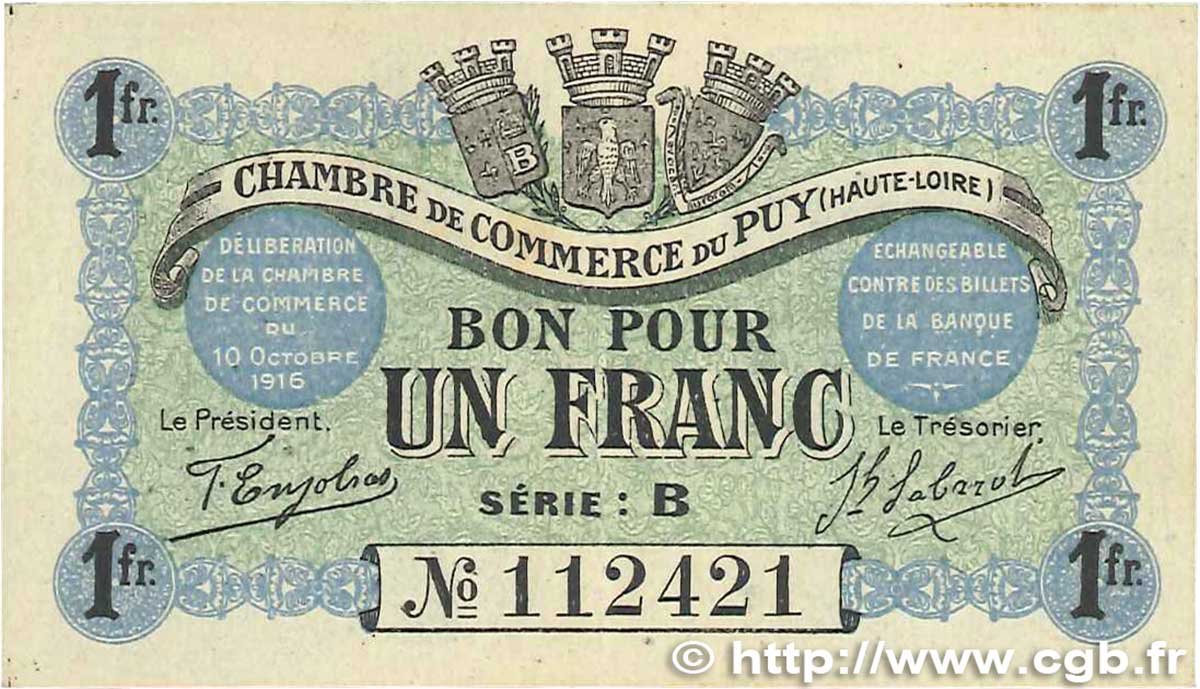 1 Franc FRANCE regionalism and various Le Puy 1916 JP.070.06 VF+