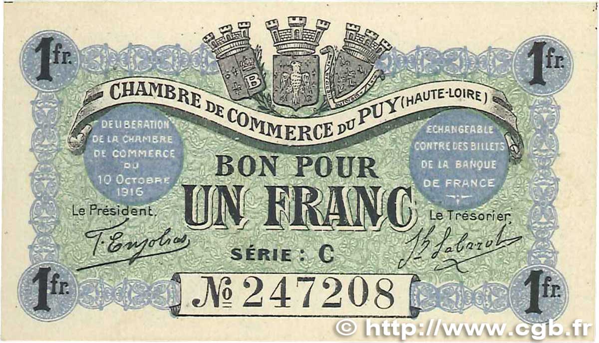 1 Franc FRANCE regionalism and miscellaneous Le Puy 1916 JP.070.06 UNC-