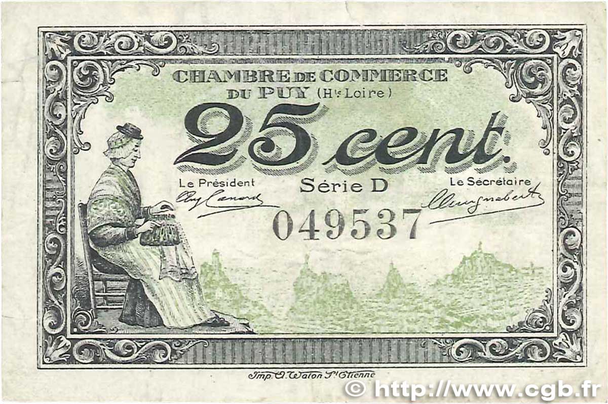25 Centimes FRANCE regionalism and miscellaneous Le Puy 1916 JP.070.07 F