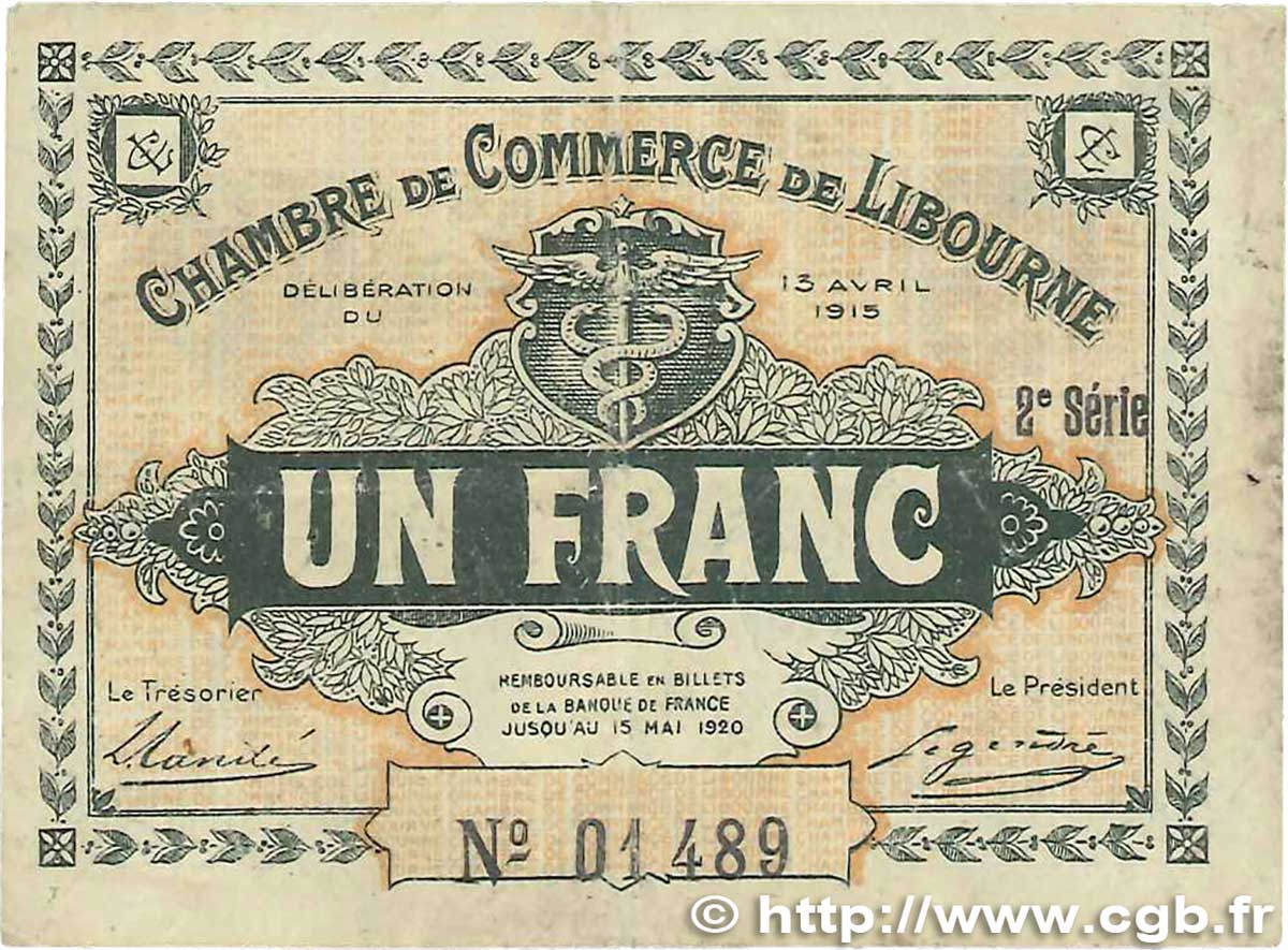 1 Franc FRANCE régionalisme et divers Libourne 1915 JP.072.13 TB