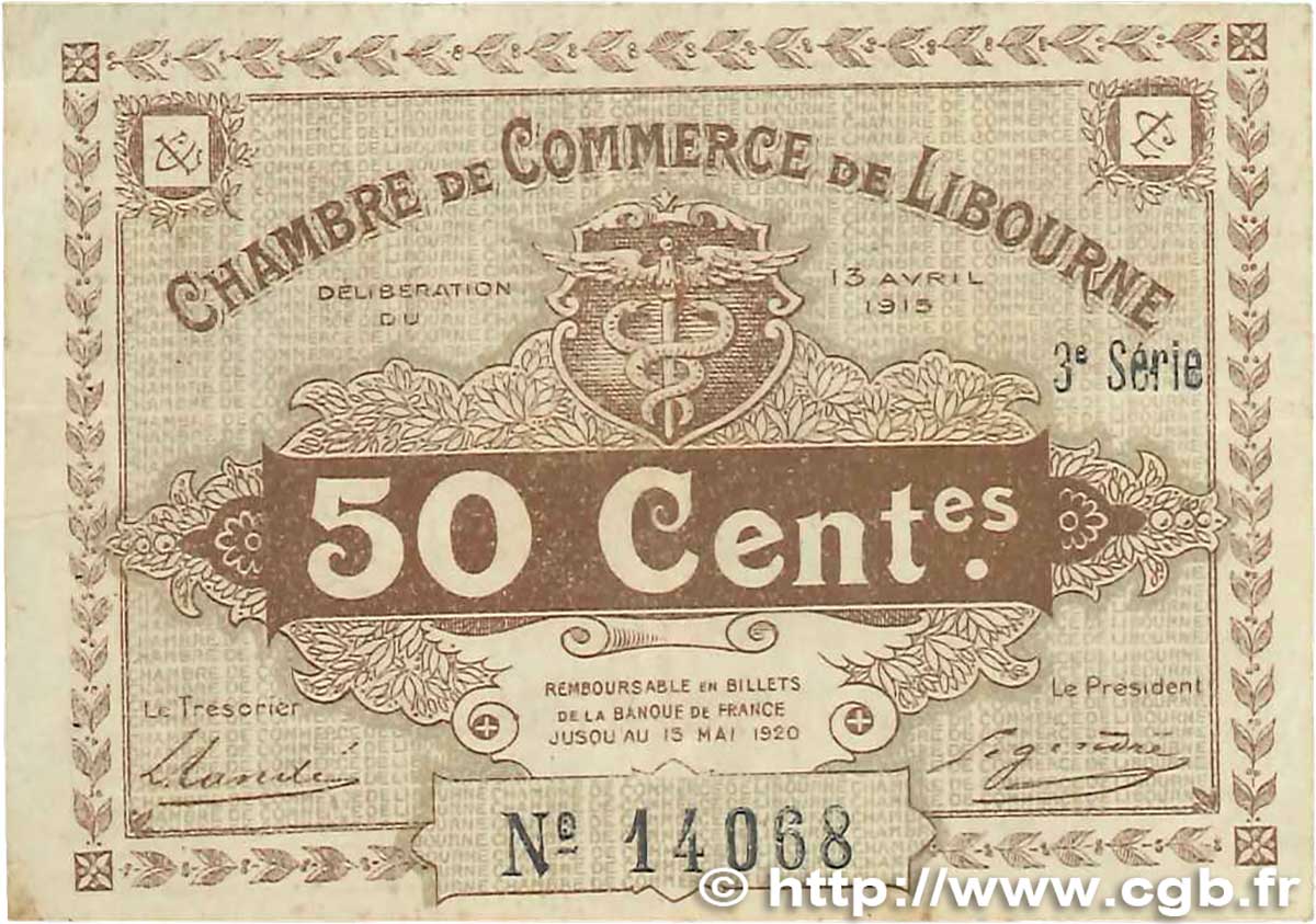 50 Centimes FRANCE Regionalismus und verschiedenen Libourne 1915 JP.072.15 S