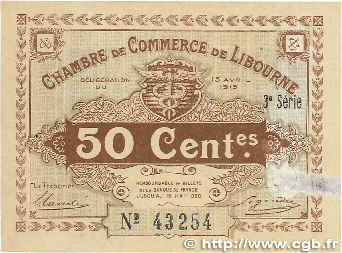 50 Centimes FRANCE regionalism and miscellaneous Libourne 1915 JP.072.15 XF