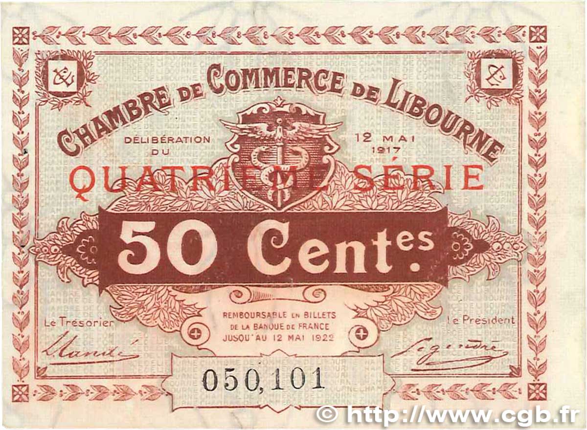 50 Centimes FRANCE regionalismo y varios Libourne 1917 JP.072.18 MBC