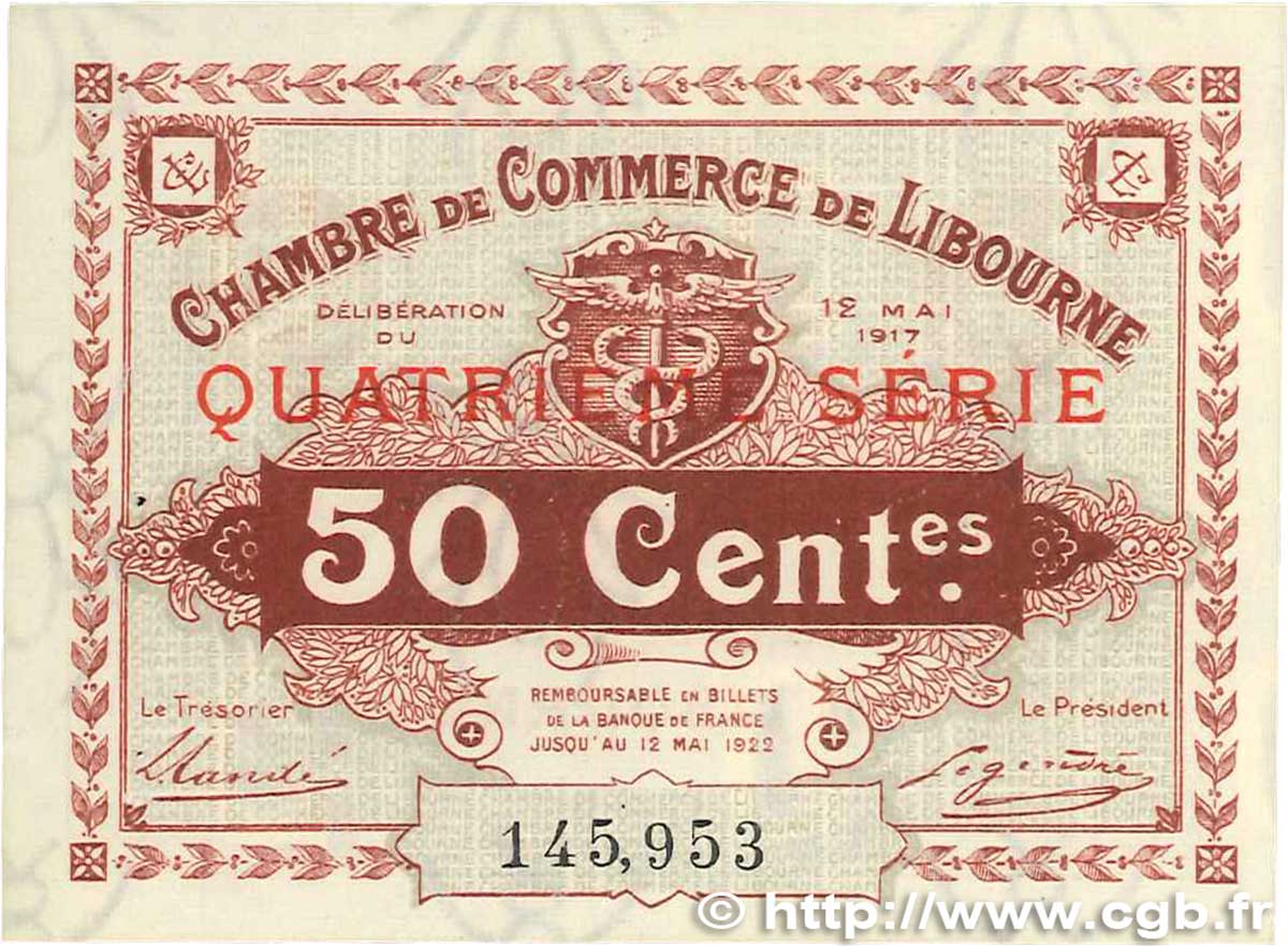 50 Centimes FRANCE Regionalismus und verschiedenen Libourne 1917 JP.072.18 fST