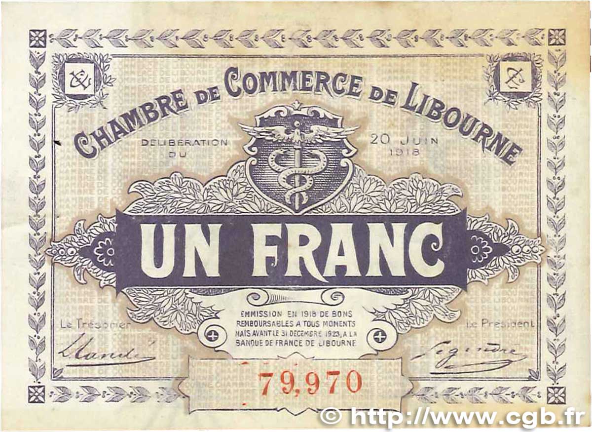 1 Franc FRANCE regionalism and various Libourne 1918 JP.072.25 XF+