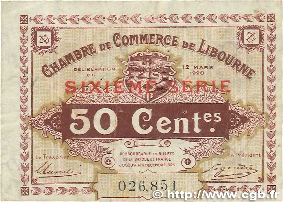 50 Centimes FRANCE regionalism and miscellaneous Libourne 1920 JP.072.29 F+