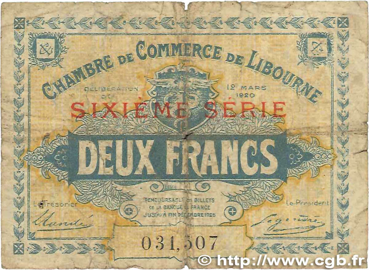 2 Francs FRANCE Regionalismus und verschiedenen Libourne 1920 JP.072.31 SGE