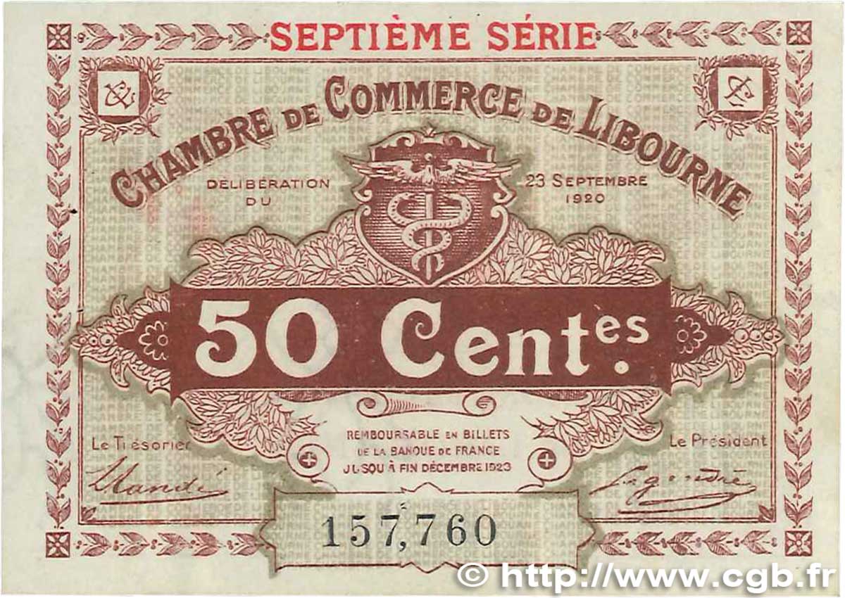 50 Centimes FRANCE Regionalismus und verschiedenen Libourne 1920 JP.072.32 VZ+