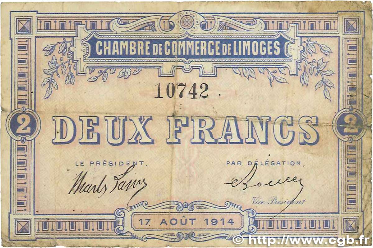 2 Francs FRANCE regionalism and miscellaneous Limoges 1914 JP.073.05 VG