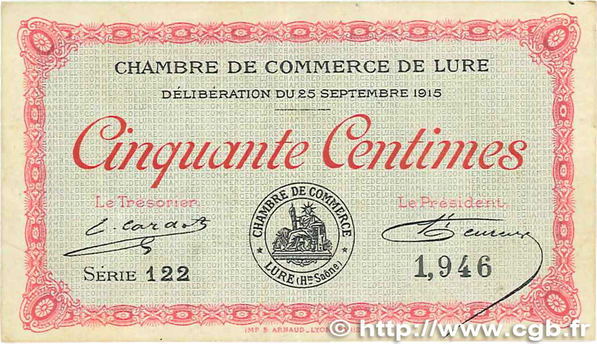 50 Centimes FRANCE regionalismo y varios Lure 1915 JP.076.01 MBC+