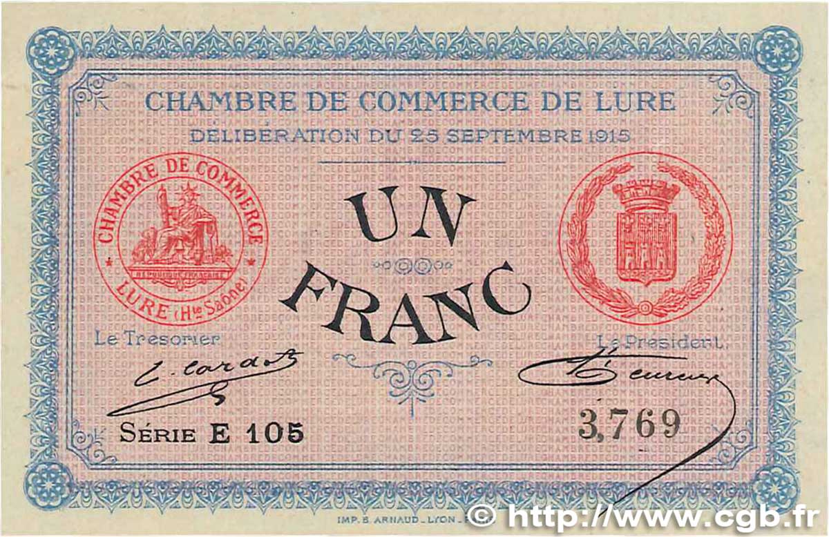 1 Franc FRANCE Regionalismus und verschiedenen Lure 1915 JP.076.06 fST+