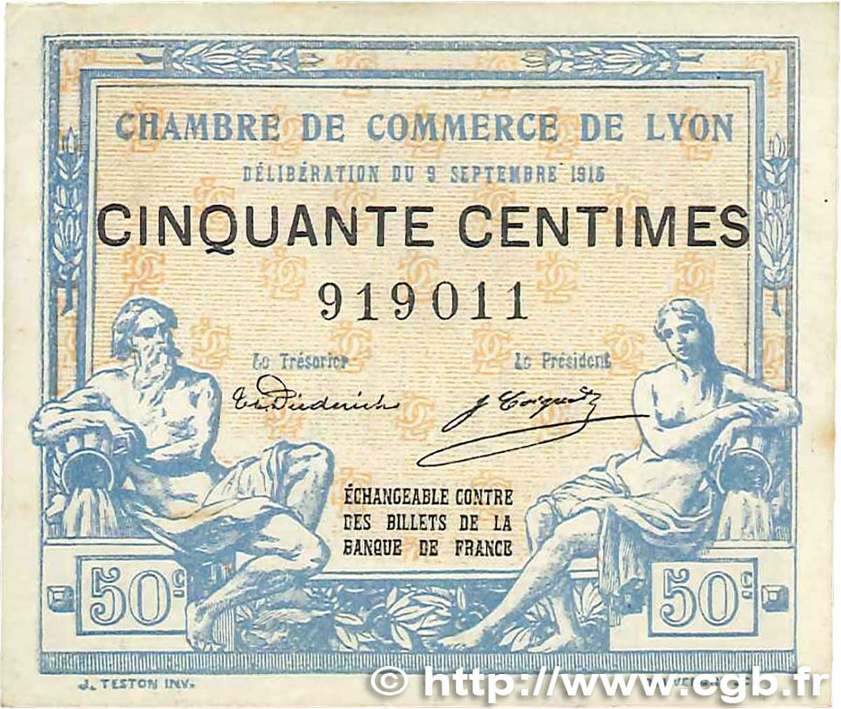 50 Centimes FRANCE regionalism and various Lyon 1915 JP.077.03 VF