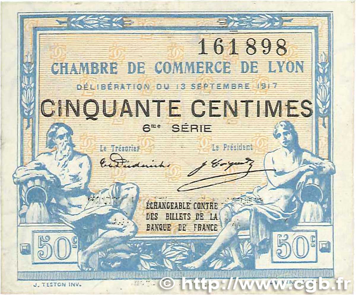 50 Centimes FRANCE regionalism and various Lyon 1917 JP.077.14 VF