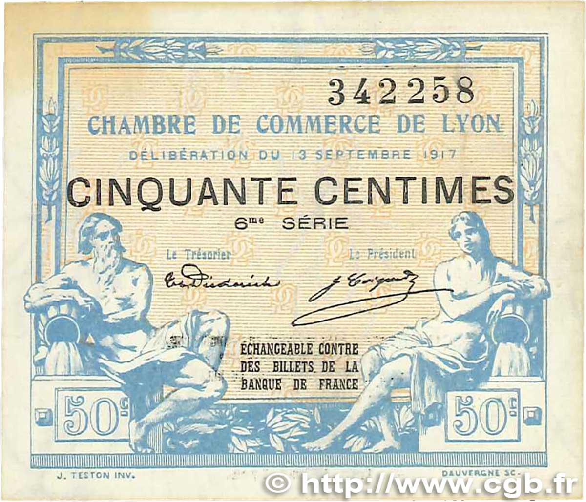 50 Centimes FRANCE regionalism and various Lyon 1917 JP.077.14 XF