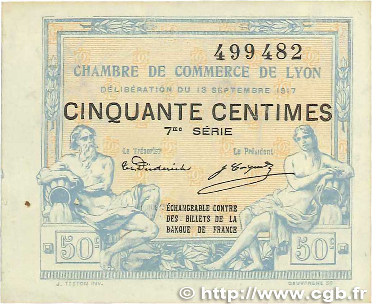 50 Centimes FRANCE regionalism and various Lyon 1917 JP.077.14 VF