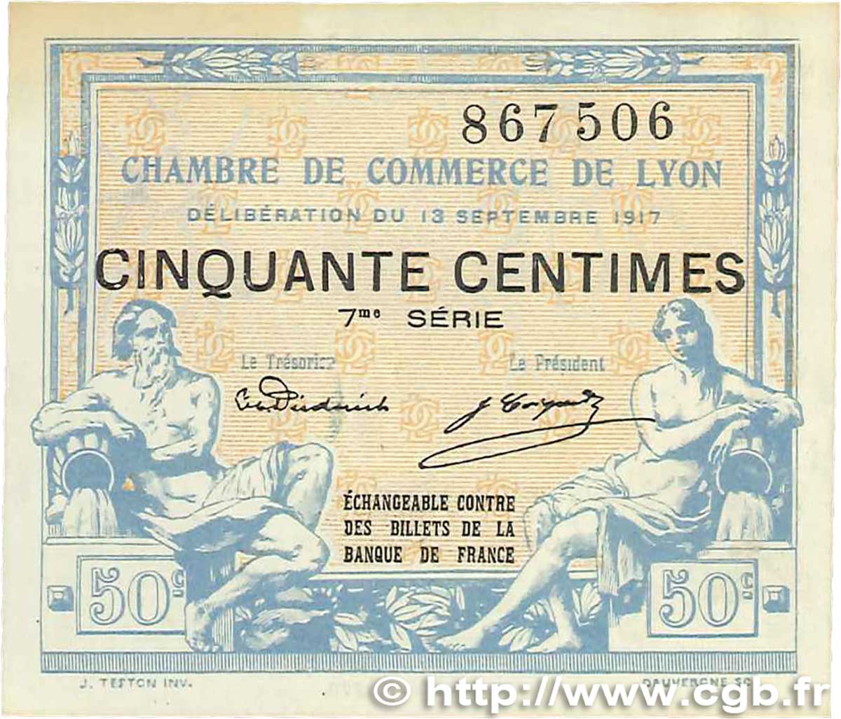50 Centimes FRANCE regionalism and various Lyon 1917 JP.077.14 AU