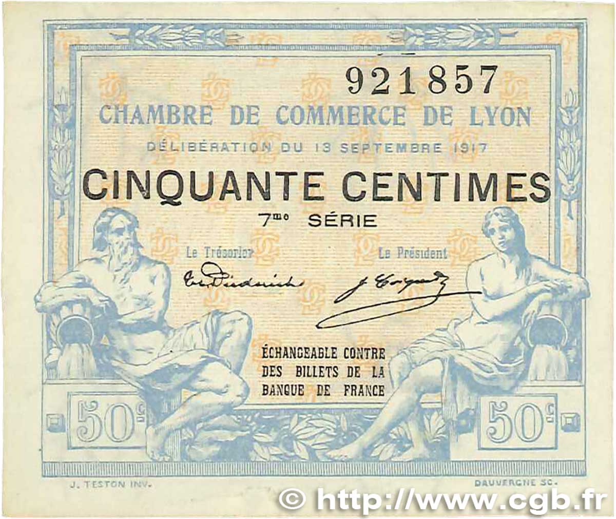 50 Centimes FRANCE regionalism and various Lyon 1917 JP.077.14 AU-