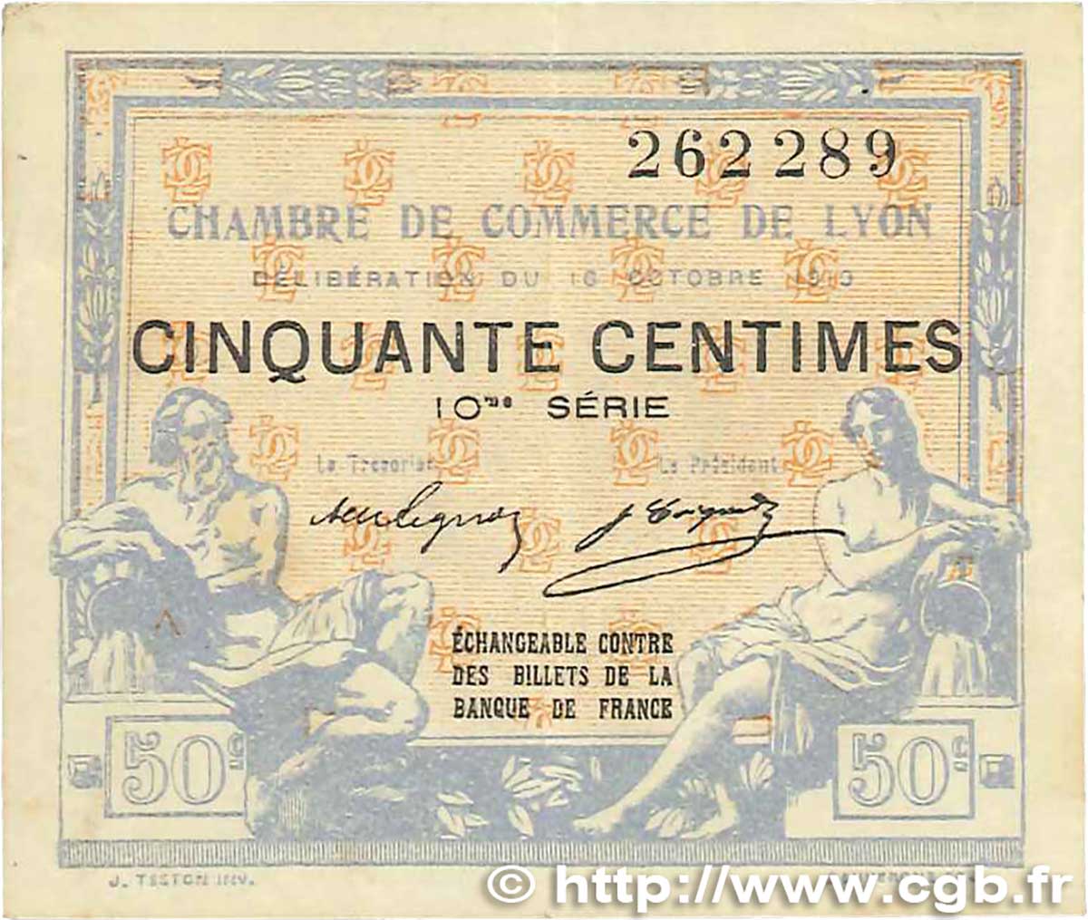 50 Centimes FRANCE regionalismo y varios Lyon 1919 JP.077.18 BC+