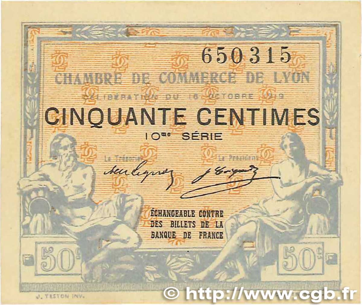 50 Centimes FRANCE regionalism and various Lyon 1919 JP.077.18 AU-