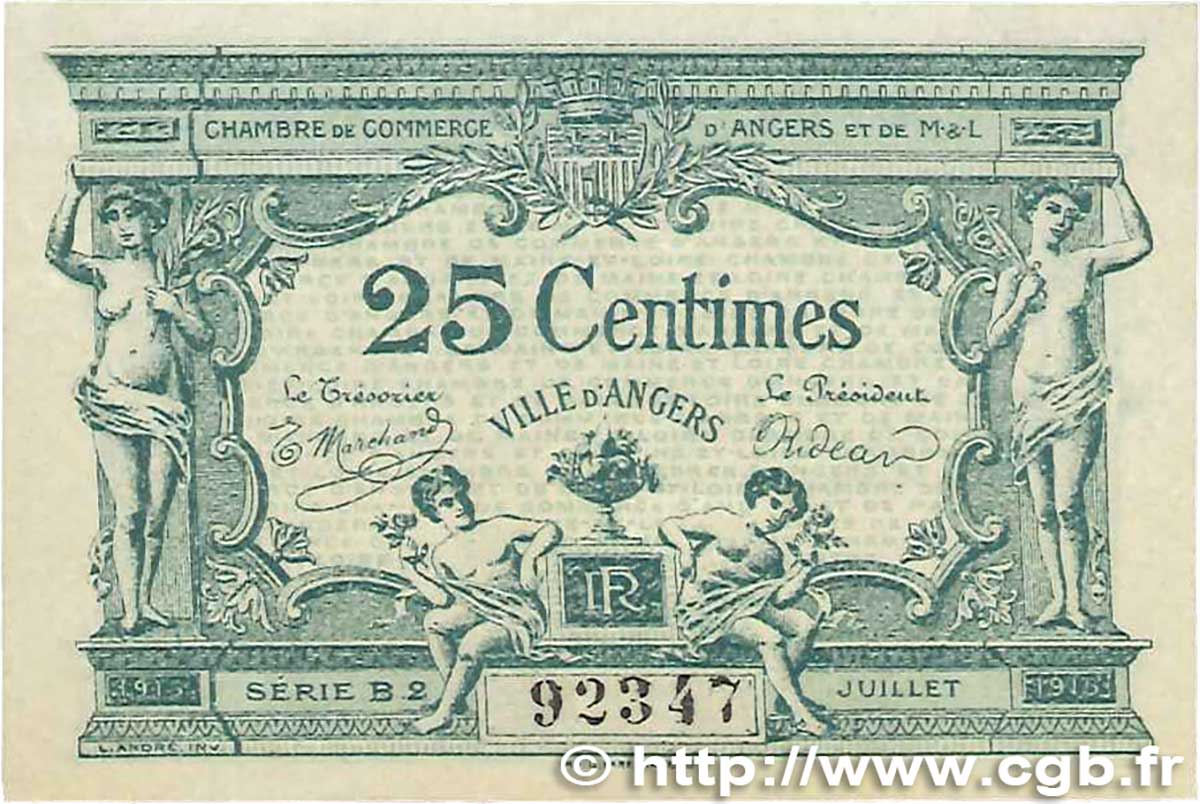 25 Centimes FRANCE regionalism and various Angers  1915 JP.008.08 XF+