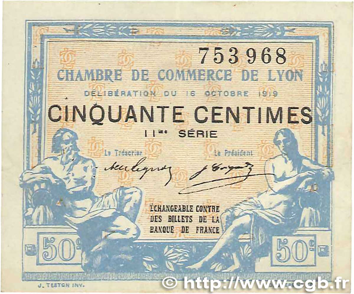 50 Centimes FRANCE regionalismo y varios Lyon 1919 JP.077.18 MBC+