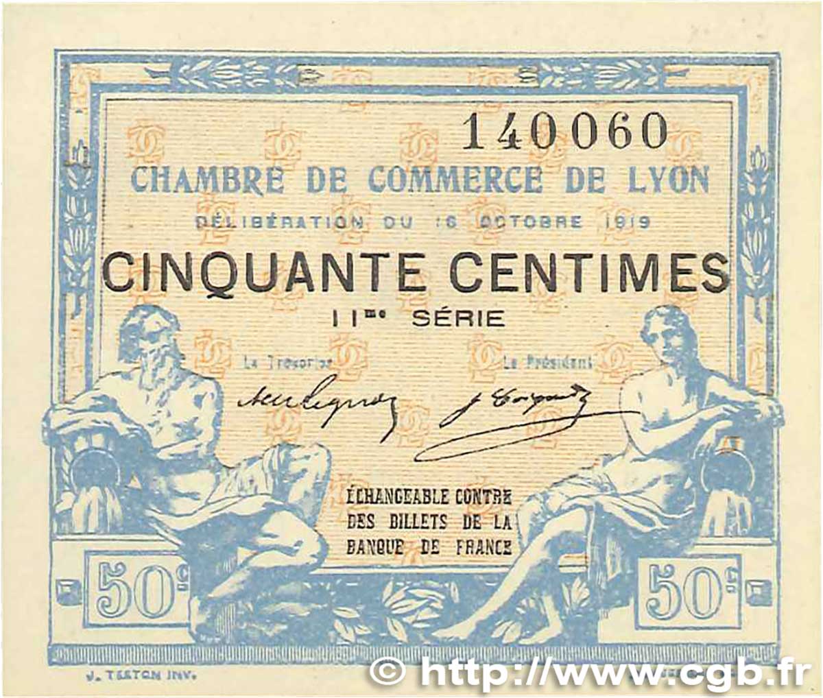 50 Centimes  FRANCE regionalism and miscellaneous Lyon 1919 JP.077.18 AU+
