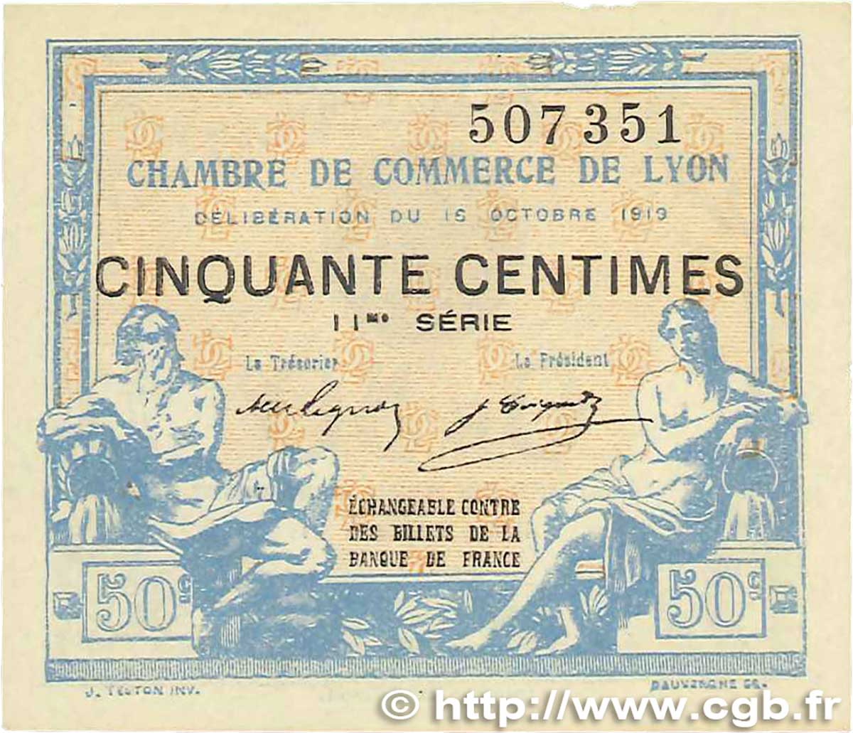 50 Centimes FRANCE regionalismo y varios Lyon 1919 JP.077.18 SC+