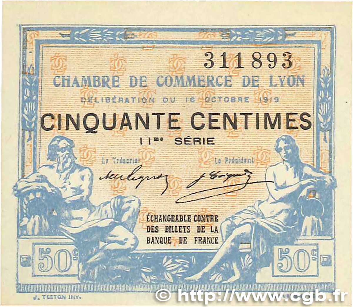 50 Centimes FRANCE regionalism and miscellaneous Lyon 1919 JP.077.18 UNC