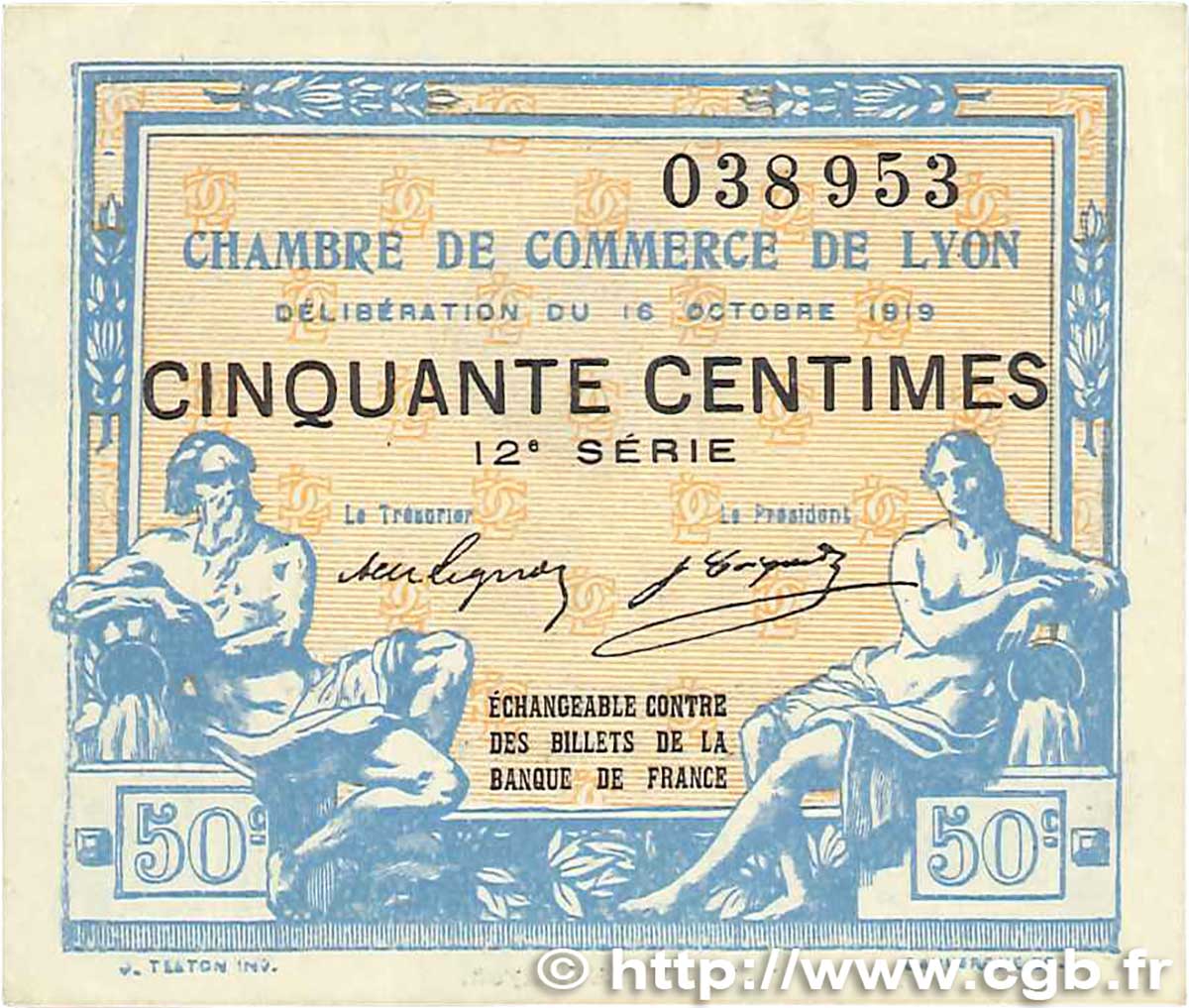 50 Centimes FRANCE Regionalismus und verschiedenen Lyon 1919 JP.077.18 fST+