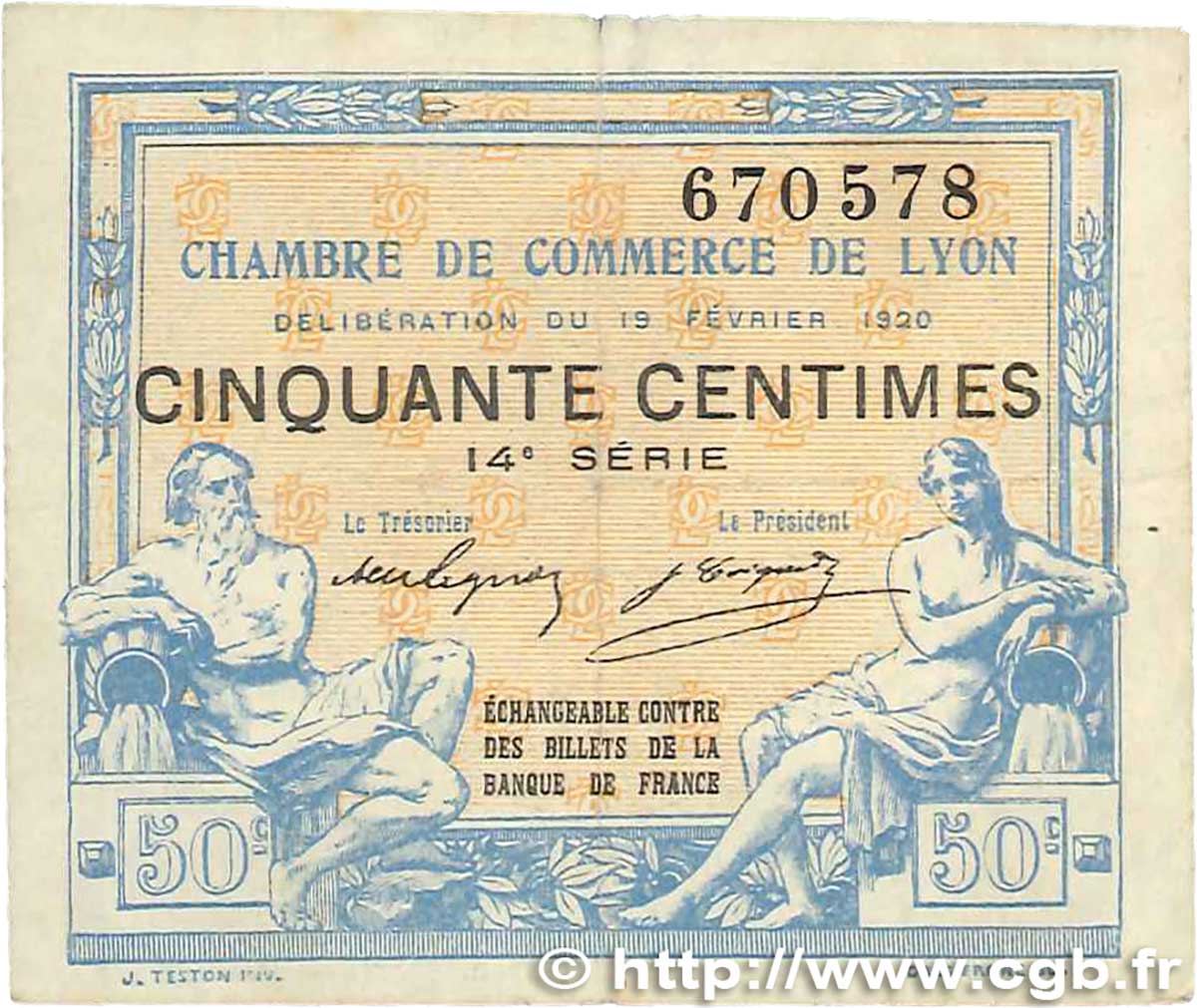 50 Centimes FRANCE Regionalismus und verschiedenen Lyon 1920 JP.077.20 S