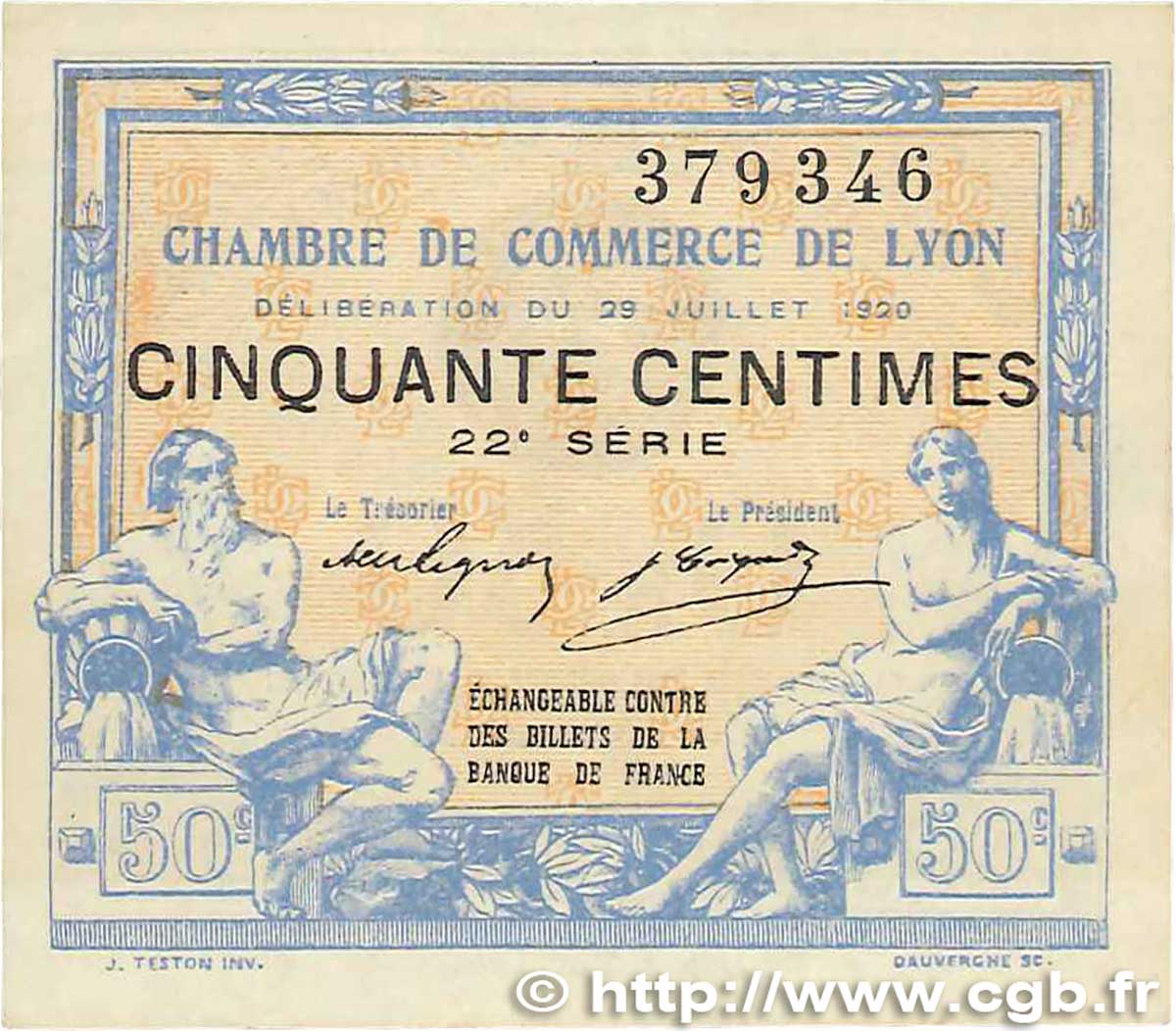 50 Centimes FRANCE regionalism and various Lyon 1920 JP.077.22 AU