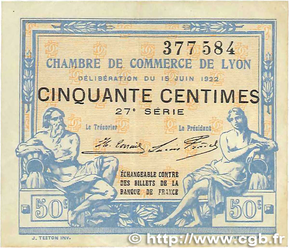 50 Centimes FRANCE regionalismo y varios Lyon 1922 JP.077.26 MBC