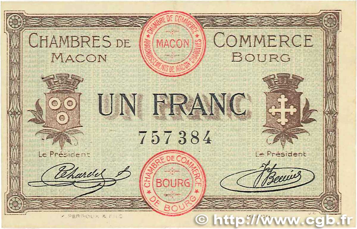 1 Franc FRANCE Regionalismus und verschiedenen Macon, Bourg 1915 JP.078.03 VZ