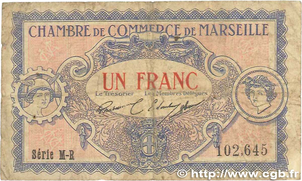 1 Franc FRANCE regionalism and miscellaneous Marseille 1917 JP.079.70 VG