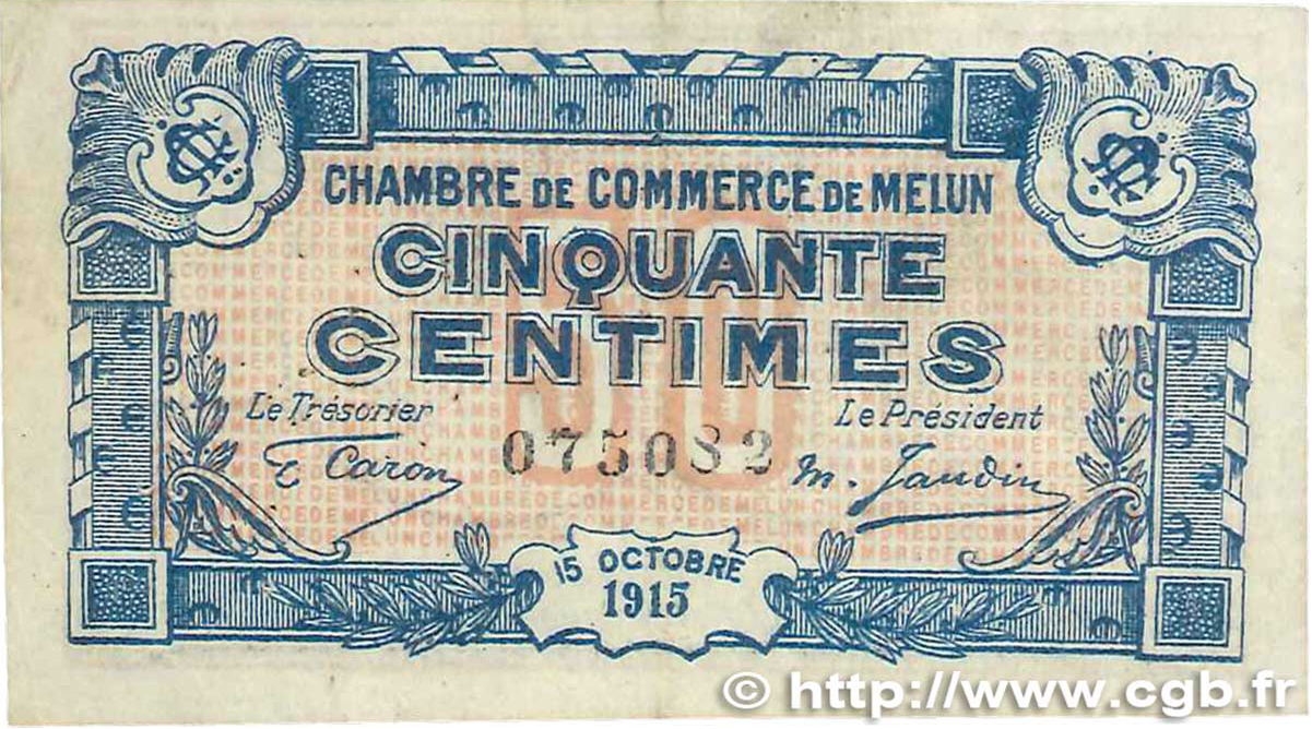 50 Centimes FRANCE régionalisme et divers Melun 1915 JP.080.01 TB