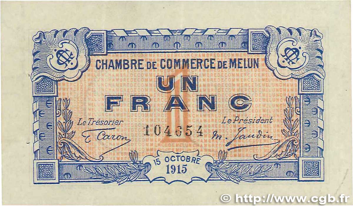 1 Franc FRANCE regionalismo e varie Melun 1915 JP.080.03 BB