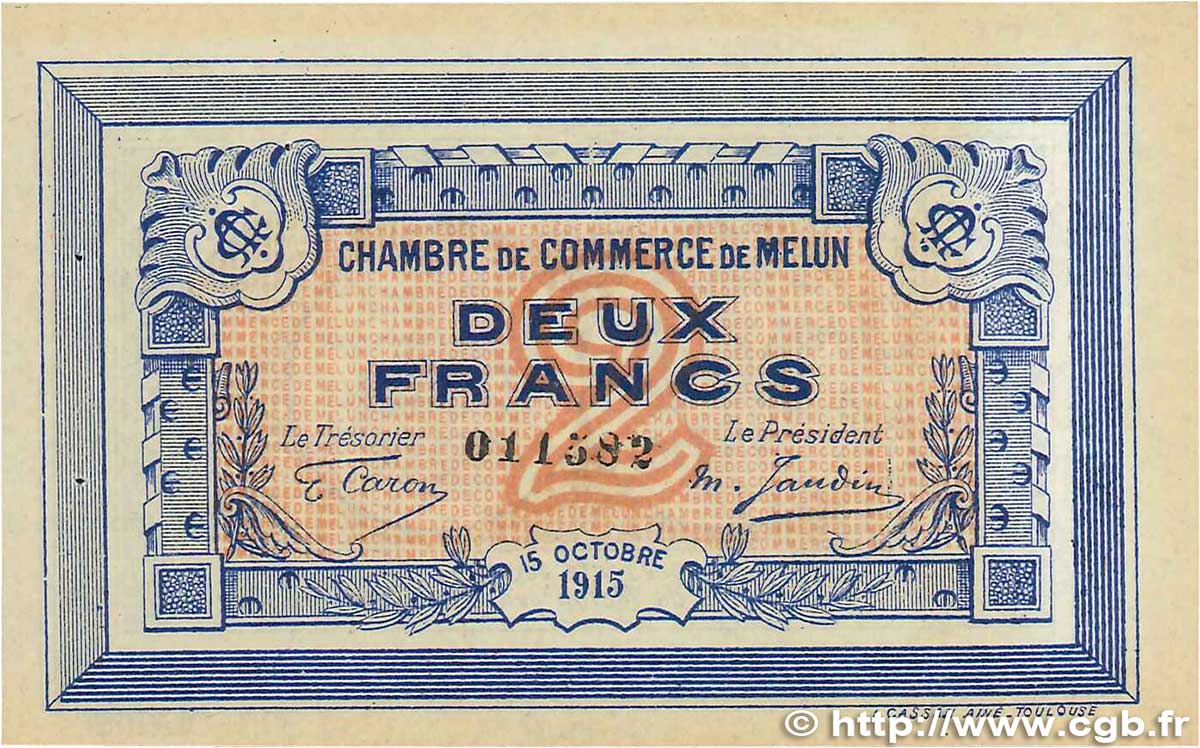 2 Francs FRANCE regionalismo y varios Melun 1915 JP.080.05 MBC+